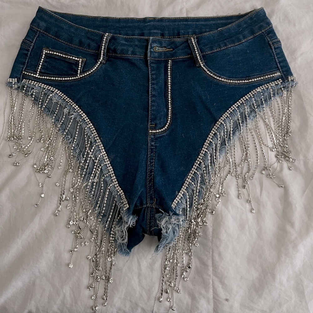 Brand New Never Worn Custom Made Denim Rhinestone Fringe Shorts